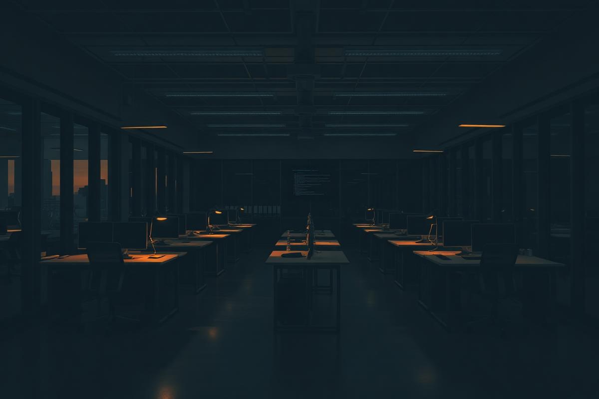 An empty modern office at dusk with rows of unoccupied desks